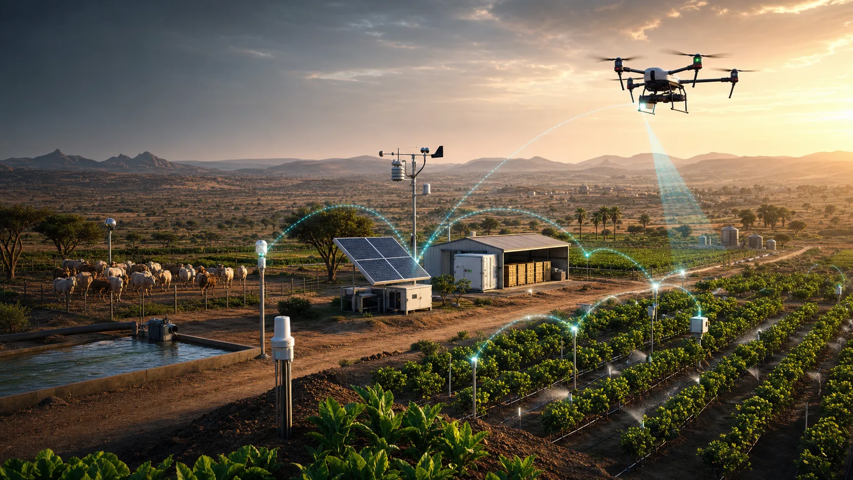Agricultural drone scanning a solar-powered African farm with irrigation canal, field gateway, and IoT sensors